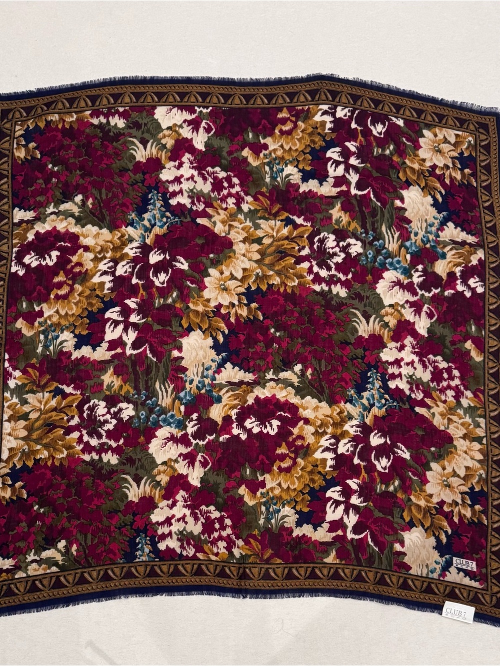 Vintage Club 7 Echo Fine Wool Floral Scarf Burgundy, Gold,Navy Old Money,Luxury